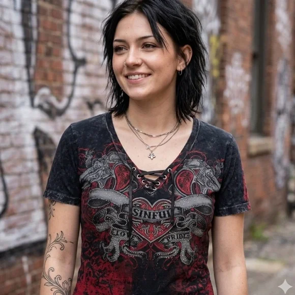 Sinful by Affliction Rhinestone Graphic Tee Shirt top Lace-Up XL USA McBling Y2K - Picture 2 of 7